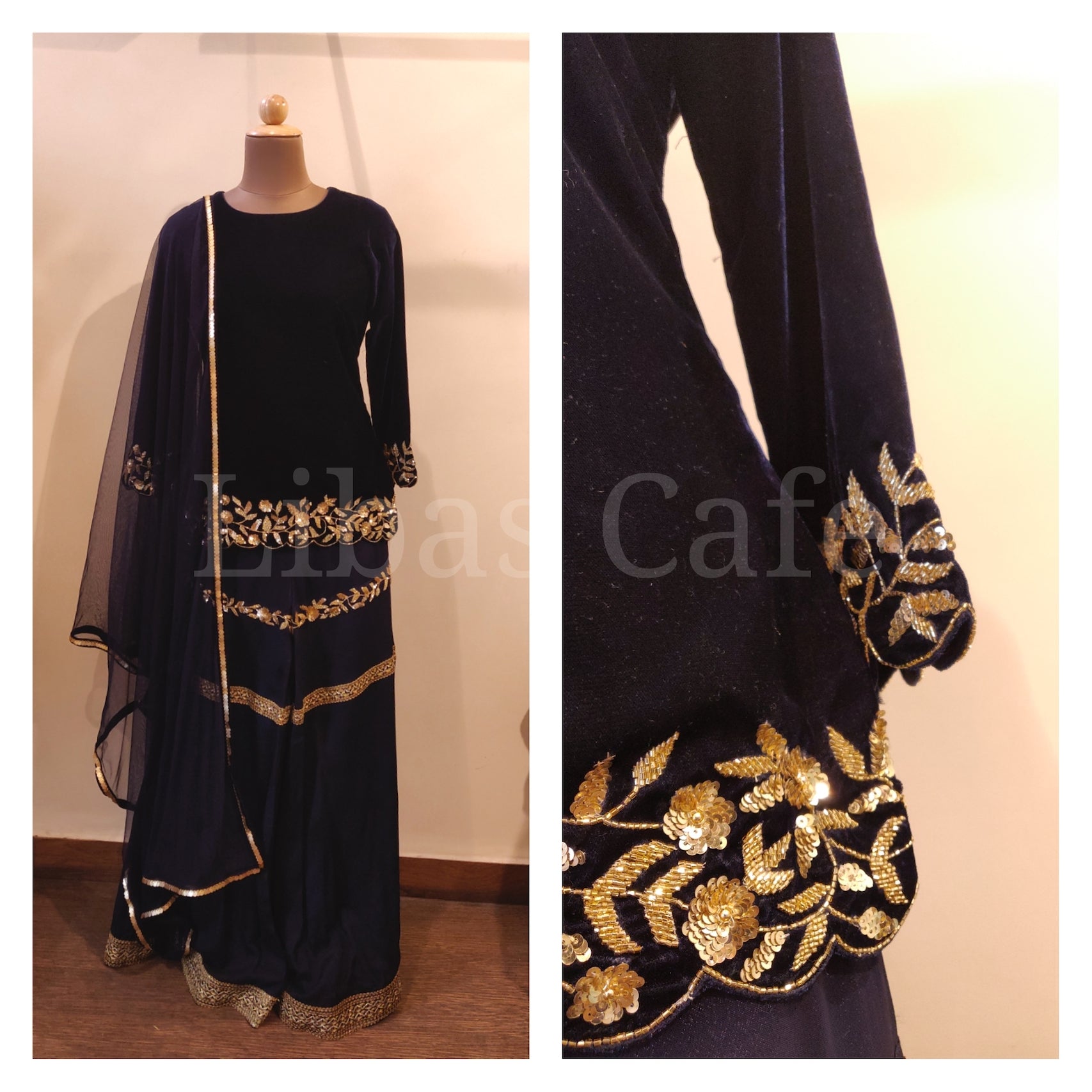 Velvet Kurti With Gharara Navy Blue